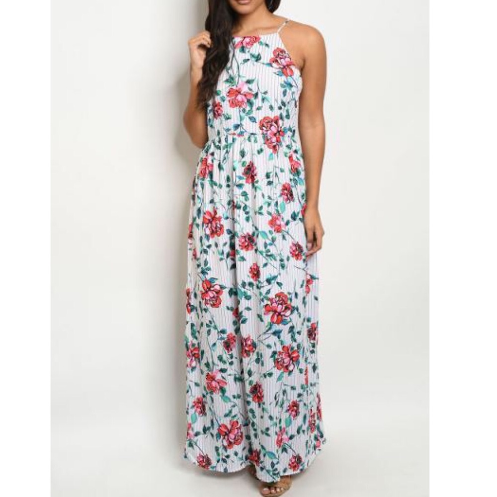 White Striped Floral Sleeveless Maxi Dress
